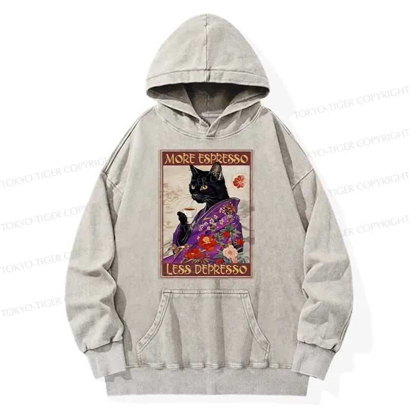 Tokyo-Tiger Japanese Cat Drinking Coffee Washed Hoodie