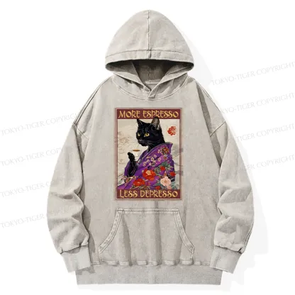 Tokyo-Tiger Japanese Cat Drinking Coffee Washed Hoodie