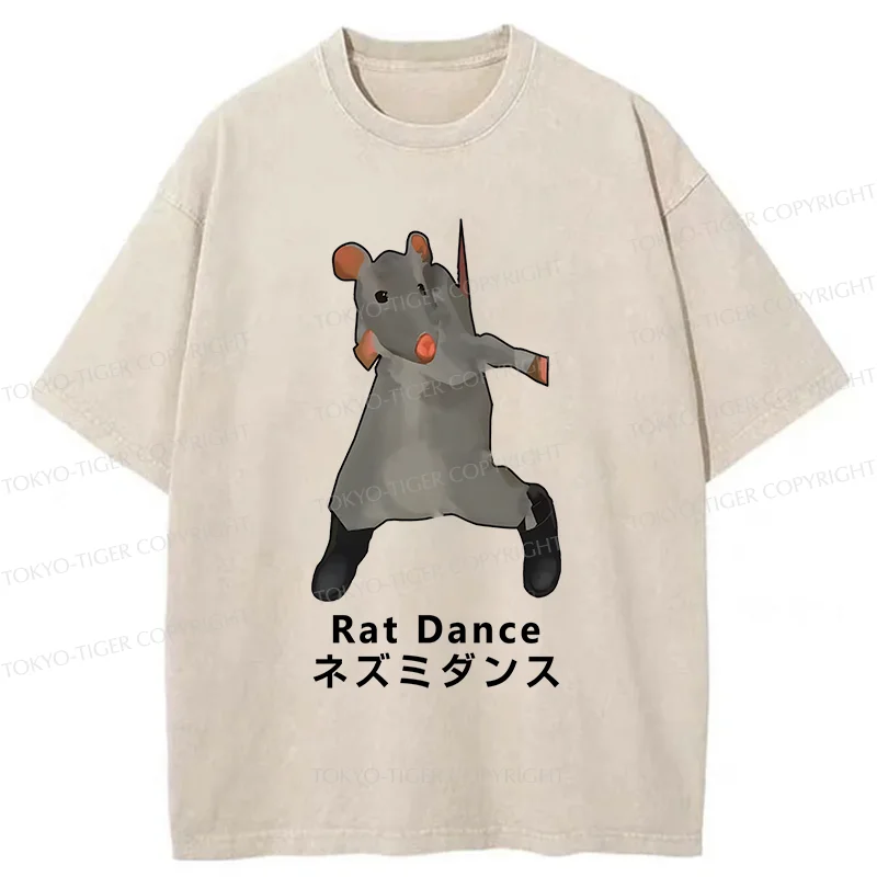 Tokyo-Tiger Funny Dancing Mouse Washed T-Shirt