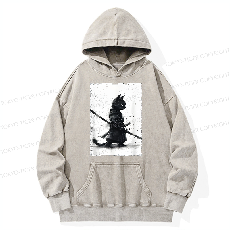 Tokyo-Tiger Retro Cat Samurai Japanese Washed Hoodie
