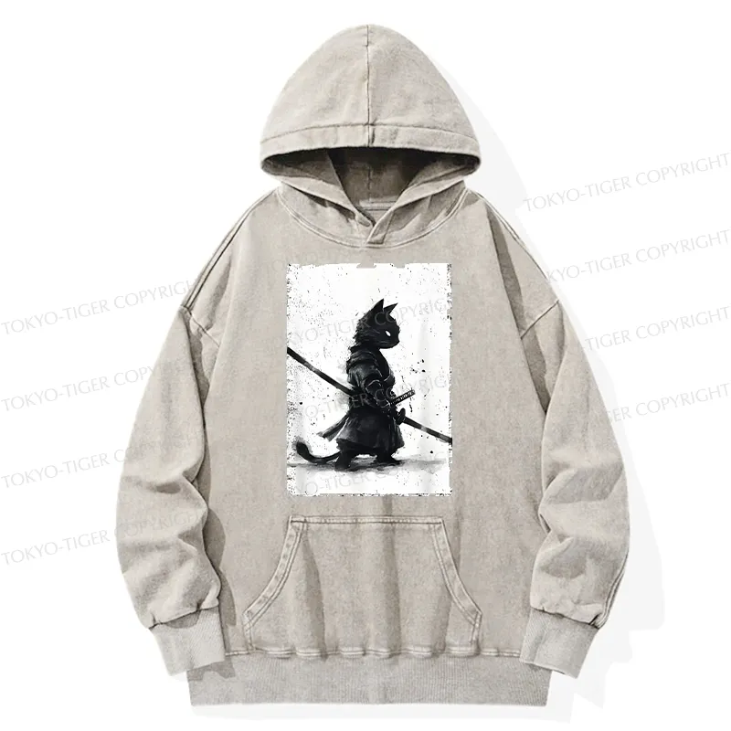 Tokyo-Tiger Retro Cat Samurai Japanese Washed Hoodie