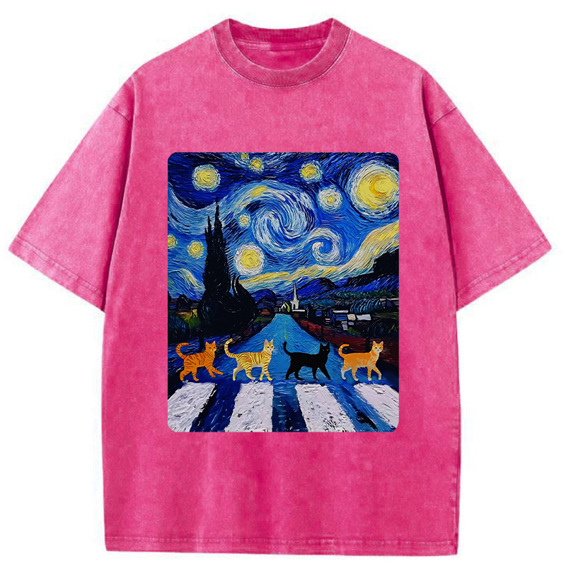 Tokyo-Tiger Starry Night Cat Washed T-Shirt
