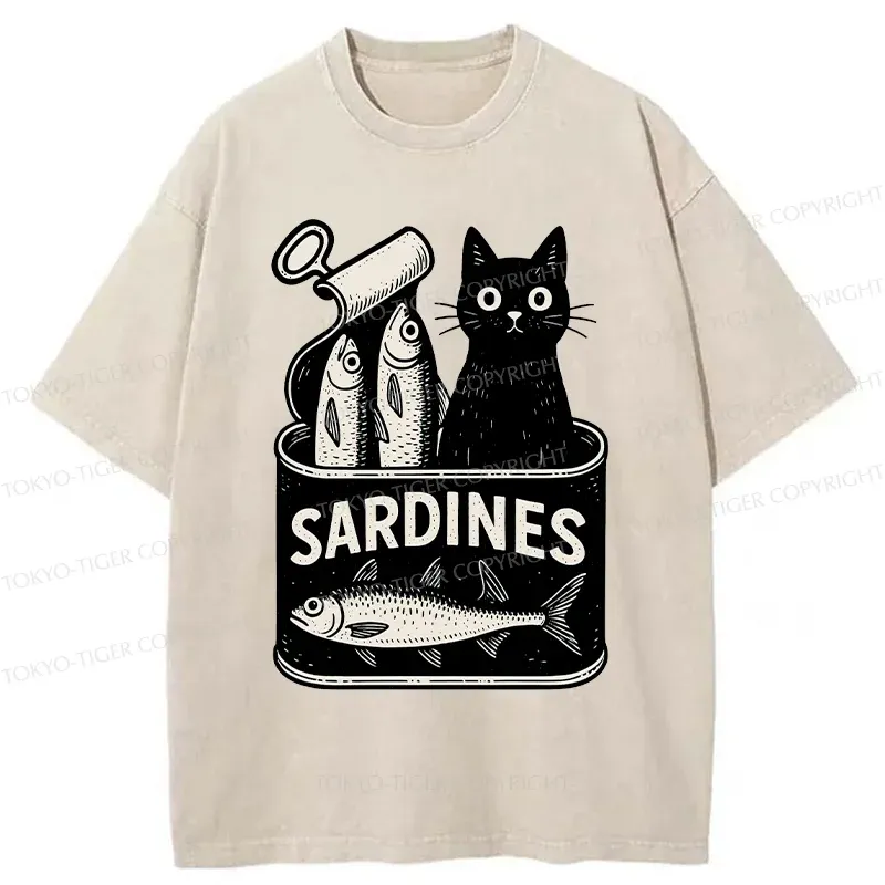 Tokyo-Tiger Cat And Canned Fish Washed T-Shirt