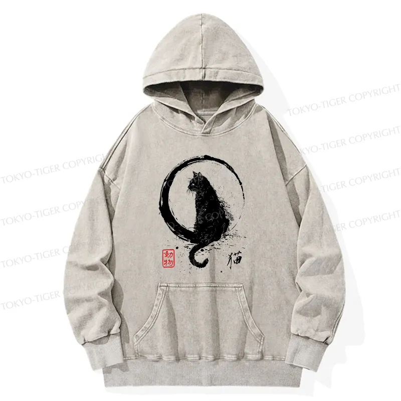 Tokyo-Tiger Retro Japanese Black Cat Washed Hoodie