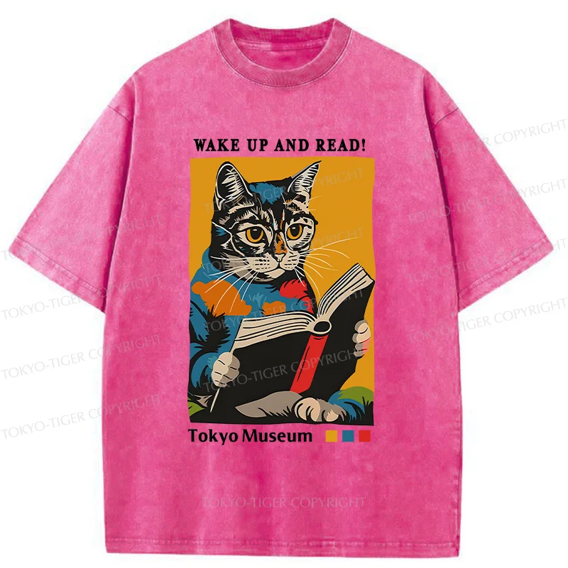 Tokyo-Tiger Cat Reading Washed T-Shirt