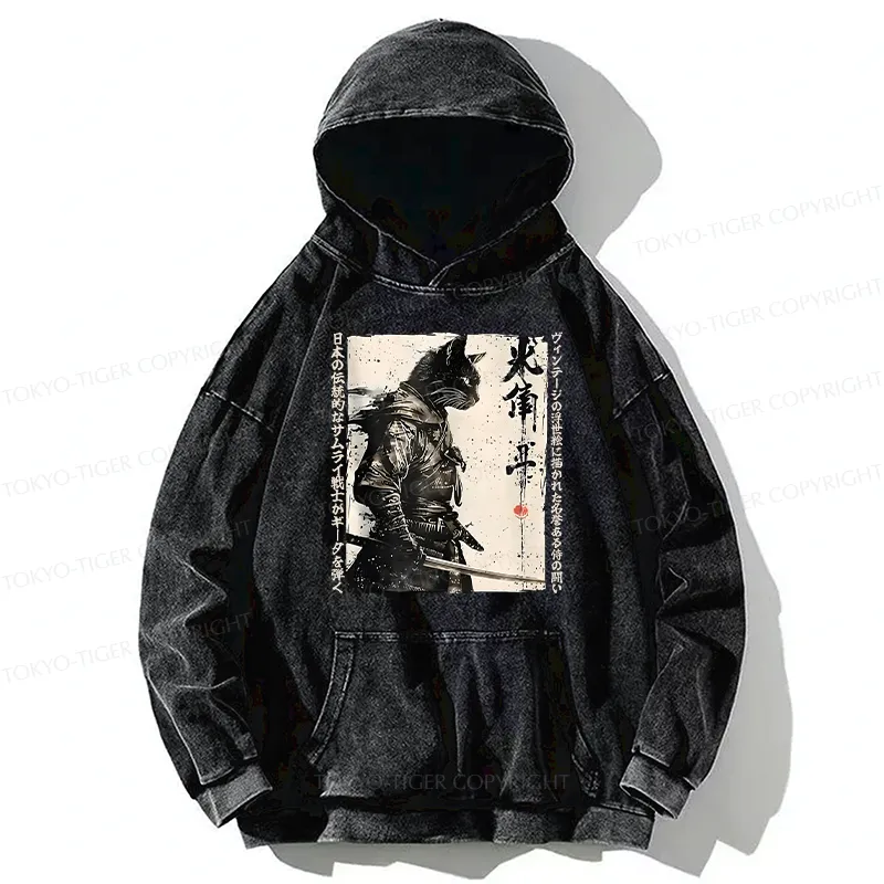 Tokyo-Tiger Cat Samurai Retro Washed Hoodie