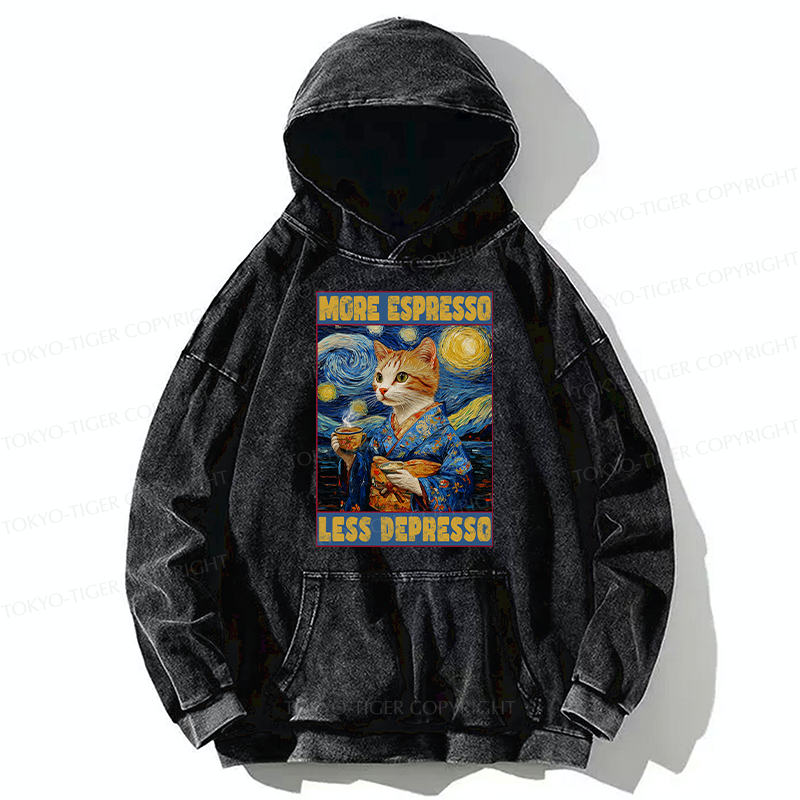 Tokyo-Tiger Funny More Espresso Less Depresso Washed Hoodie