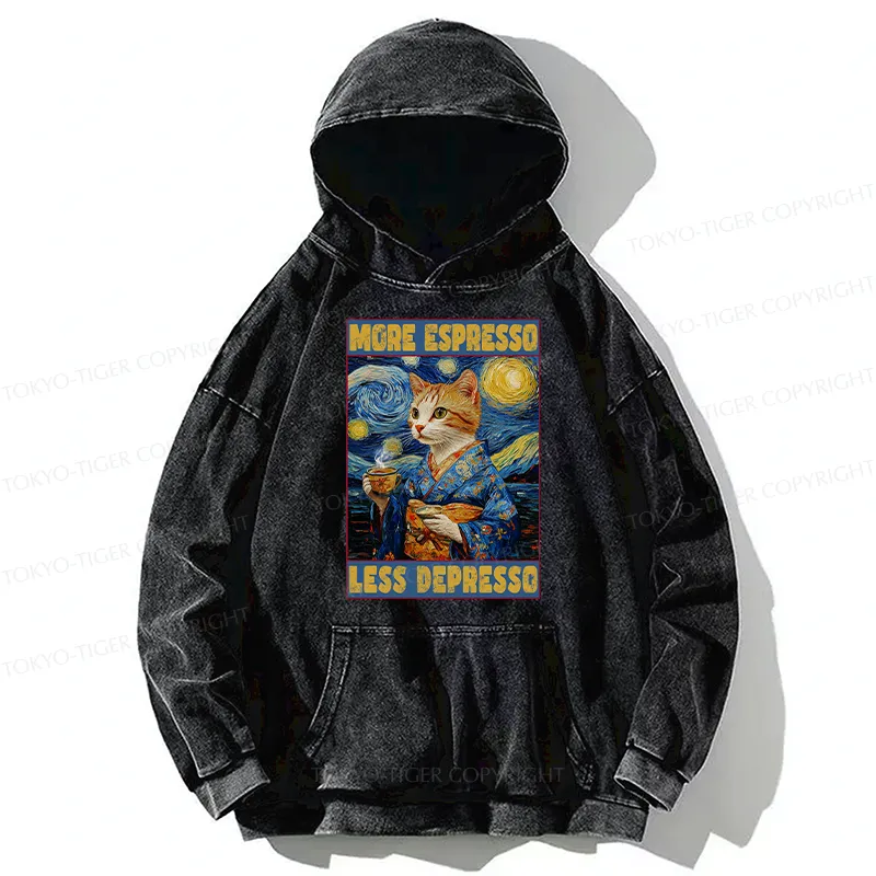 Tokyo-Tiger Funny More Espresso Less Depresso Washed Hoodie