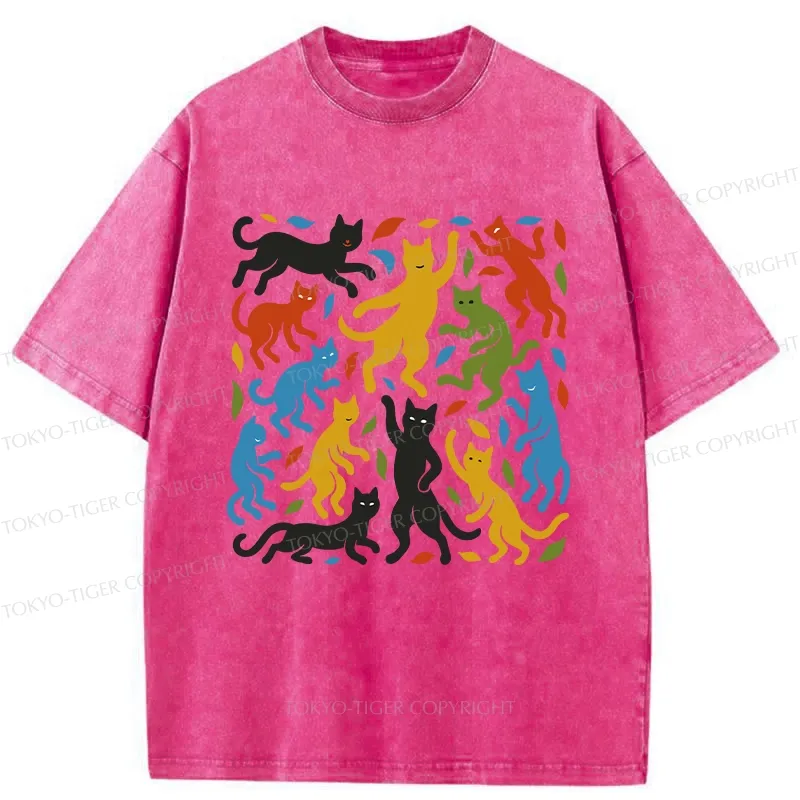 Tokyo-Tiger Funny Dancing Cat Washed T-Shirt