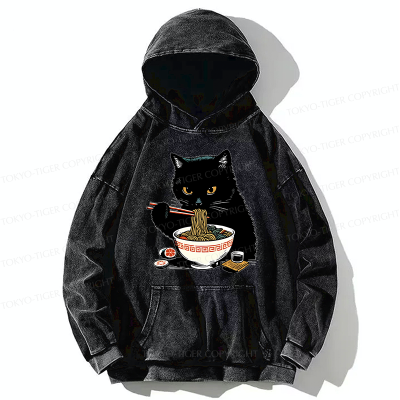 Tokyo-Tiger Cat Eating Favorite Ramen Washed Hoodie