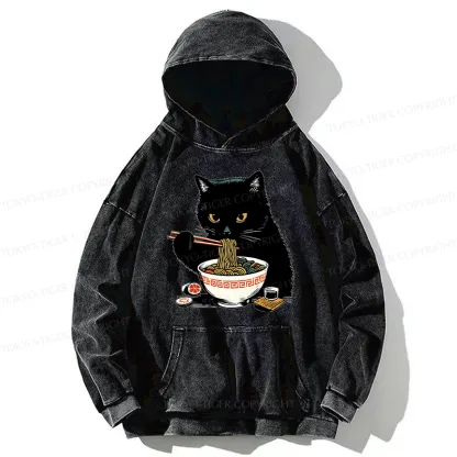 Tokyo-Tiger Cat Eating Favorite Ramen Washed Hoodie