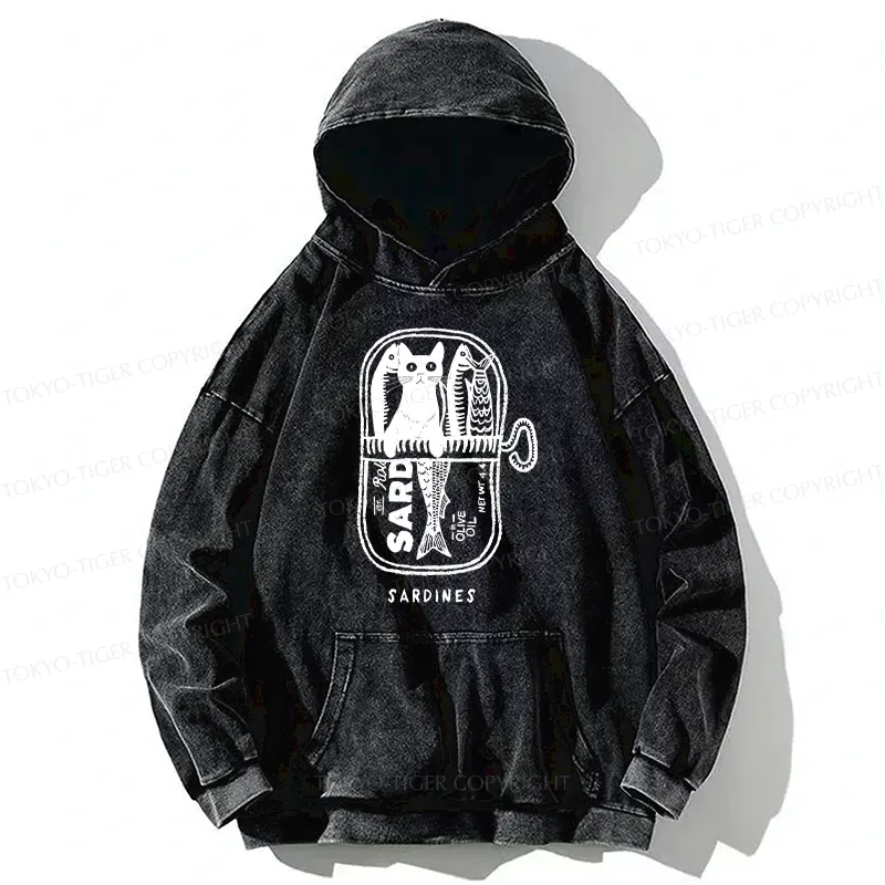 Tokyo-Tiger Cat Hiding In A Sardine Can Washed Hoodie