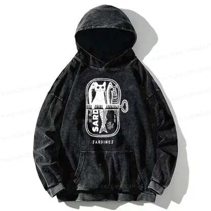 Tokyo-Tiger Cat Hiding In A Sardine Can Washed Hoodie