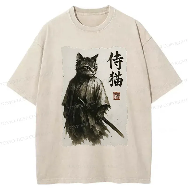 Tokyo-Tiger Cat Japanese Samurai Washed T-Shirt
