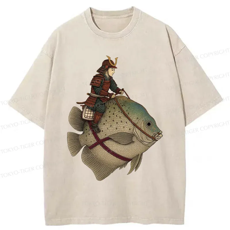 Tokyo-Tiger Samurai Riding A Fish Washed T-Shirt