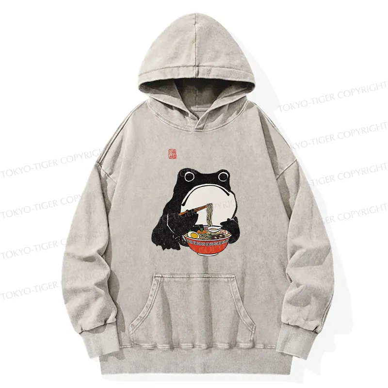 Tokyo-Tiger Funny Frog Eating Ramen Washed Hoodie