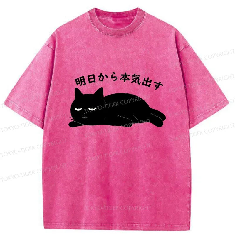 Tokyo-Tiger Lazy Cat Kanji Washed T-Shirt
