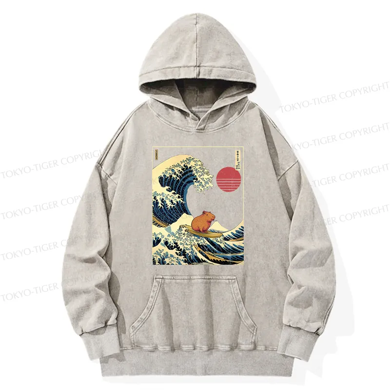 Tokyo-Tiger Capybara Surfing Washed Hoodie