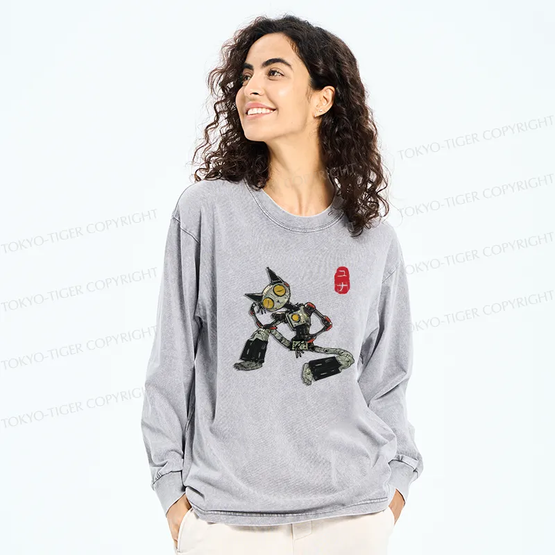 Tokyo-Tiger Contemplative Robot Cat Washed Long Sleeve T-Shirt