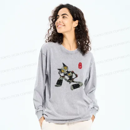 Tokyo-Tiger Contemplative Robot Cat Washed Long Sleeve T-Shirt