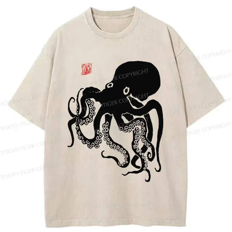 Tokyo-Tiger Retro Japanese Octopu Washed T-Shirt