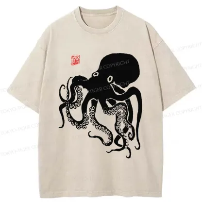 Tokyo-Tiger Retro Japanese Octopu Washed T-Shirt