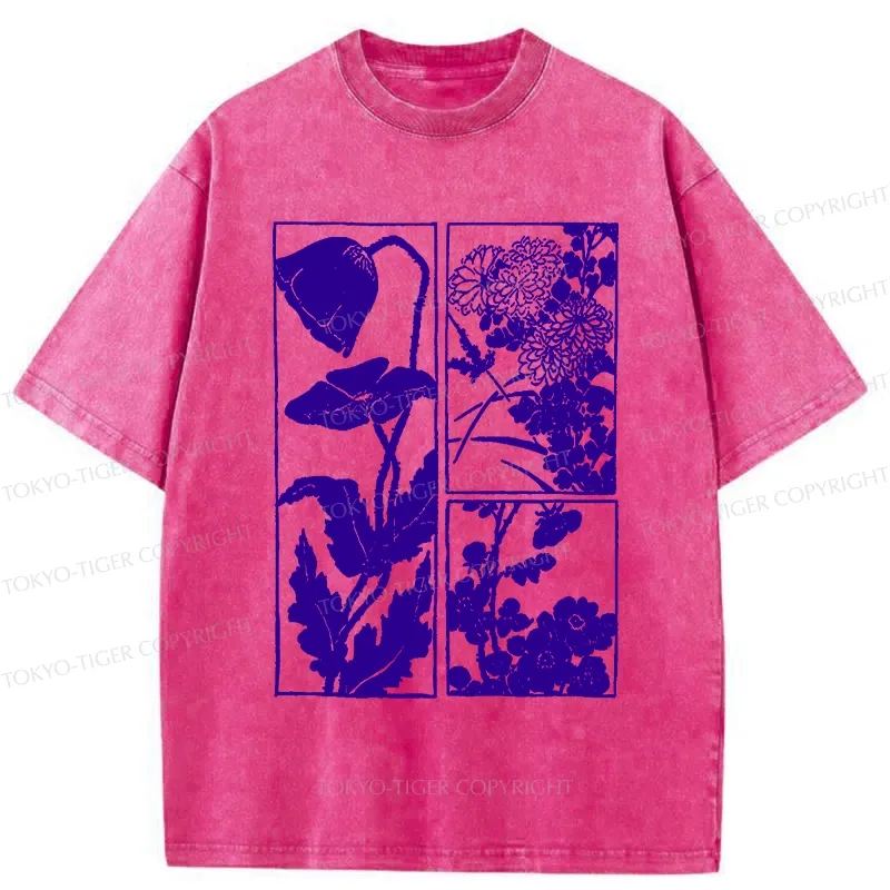 Tokyo-Tiger Woodcut Flowers Washed T-Shirt