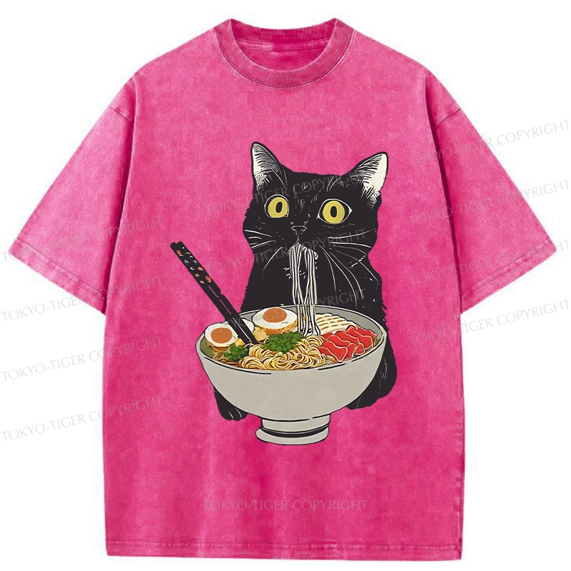Tokyo-Tiger Cat Eating Hearty Ramen Washed T-Shirt