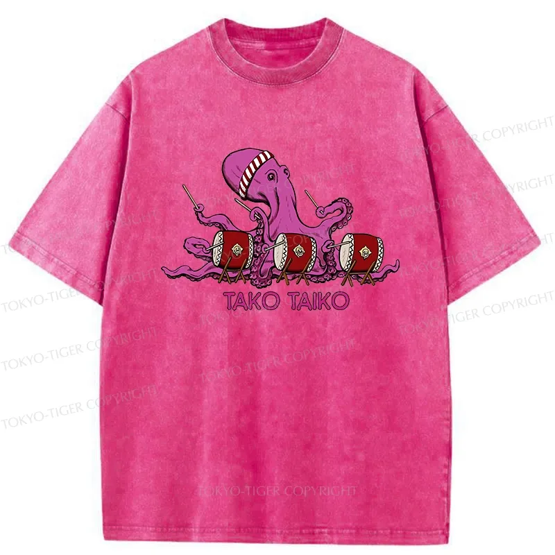 Tokyo-Tiger Funny Octopus Playing Taiko Washed T-Shirt