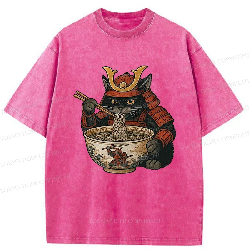 Tokyo-Tiger Cat General Eats Ramen Washed T-Shirt