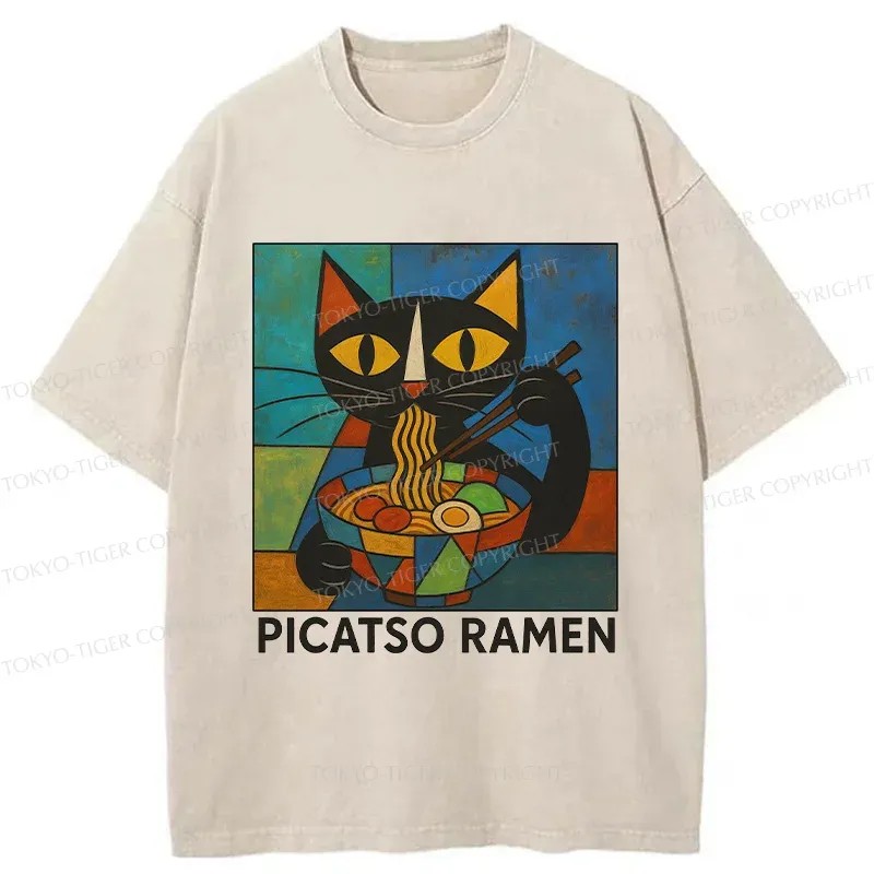 Tokyo-Tiger Abstract Cat Eating Ramen Washed T-Shirt