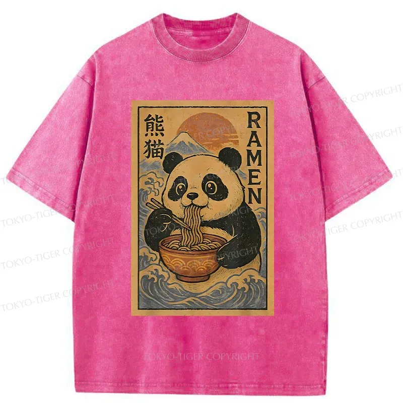 Tokyo-Tiger Retro Panda Eating Ramen Washed T-Shirt