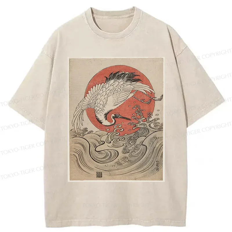 Tokyo-Tiger Vintage Crane and Waves Washed T-Shirt