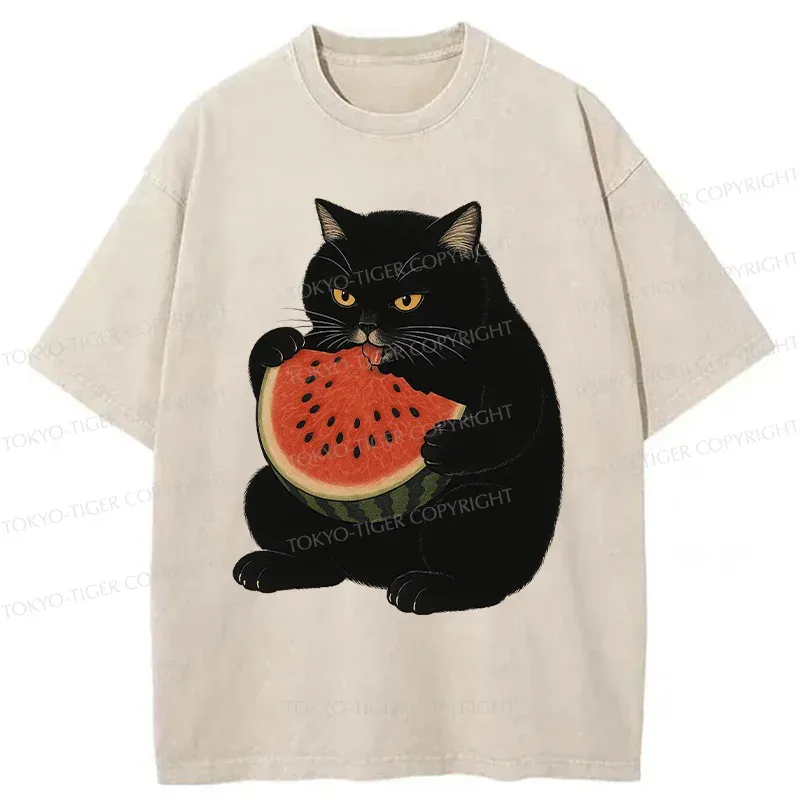 Tokyo-Tiger Black Cat Eating Watermelon Washed T-Shirt