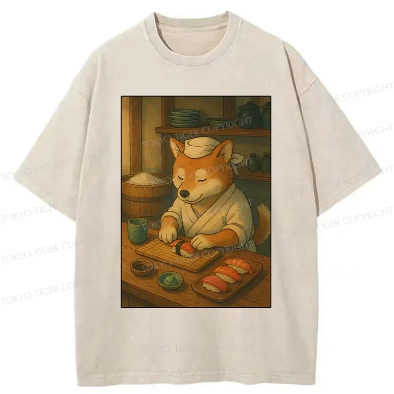 Tokyo-Tiger Dog Sushi Chef Washed T-Shirt