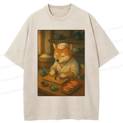Tokyo-Tiger Dog Sushi Chef Washed T-Shirt