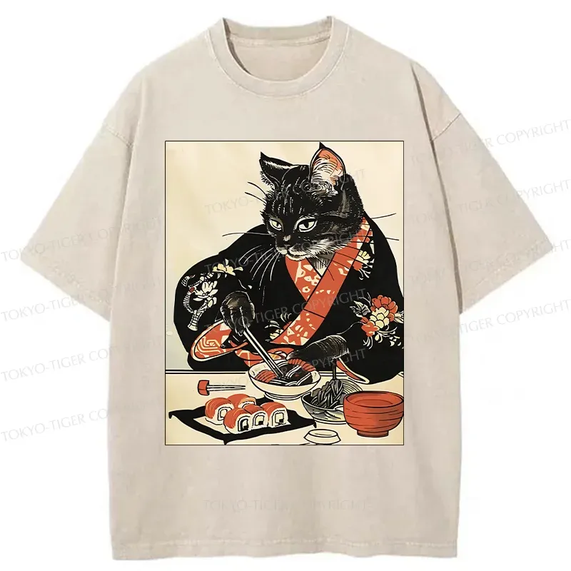 Tokyo-Tiger Cat Cut Sushi Washed T-Shirt