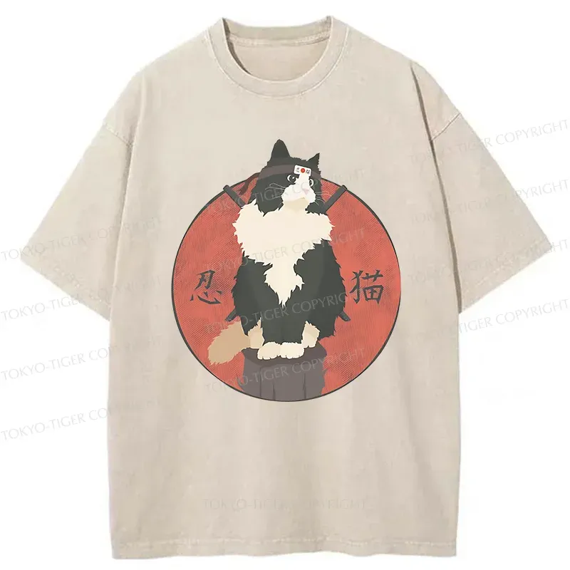 Tokyo-Tiger Cute Ninja Cat Washed T-Shirt
