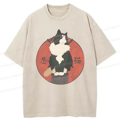 Tokyo-Tiger Cute Ninja Cat Washed T-Shirt