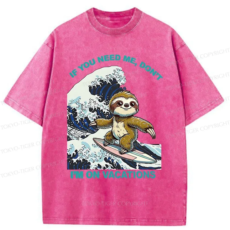 Tokyo-Tiger Surfing Sloth Funny Washed T-Shirt