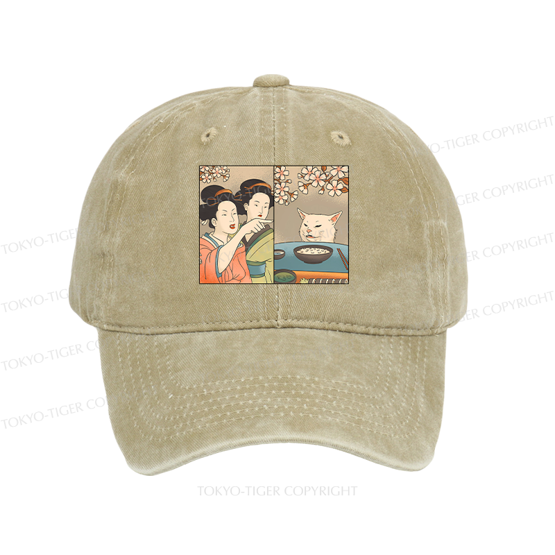 Tokyo-Tiger Japanese Woman Shouting at a Cat Washed Cap