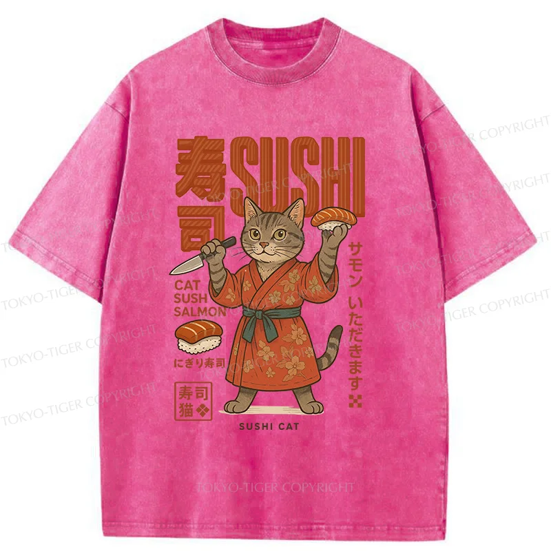 Tokyo-Tiger Sushi Made By Cat Chef Washed T-Shirt