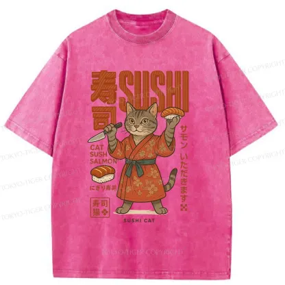 Tokyo-Tiger Sushi Made By Cat Chef Washed T-Shirt