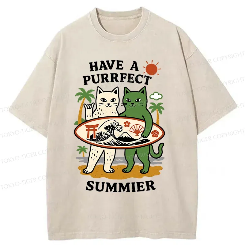 Tokyo-Tiger Beach Surfing Cat Washed T-Shirt