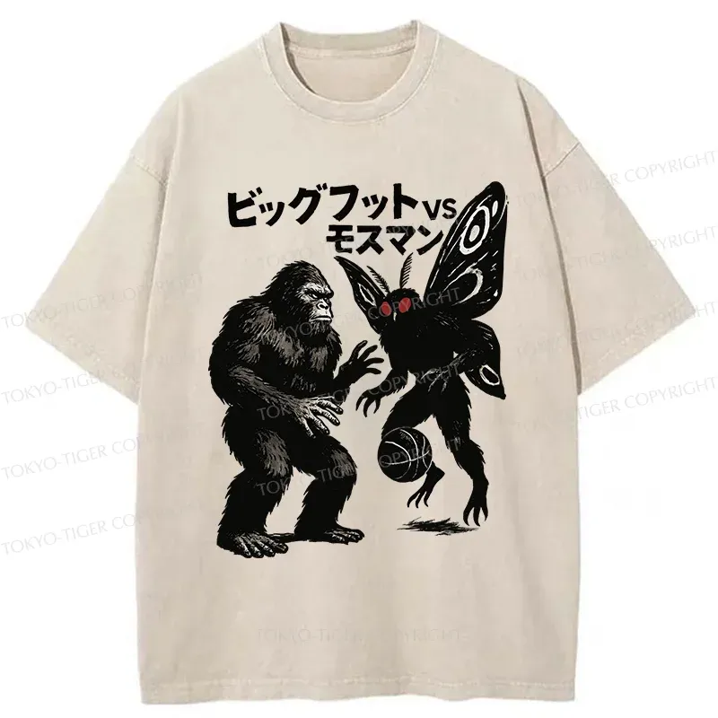 Tokyo-Tiger Battle Between Bigfoot And Mothmen Washed T-Shirt