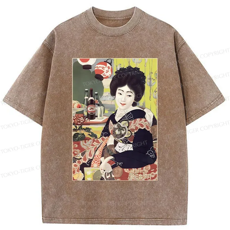 Tokyo-Tiger Geisha Drinking Beer Washed T-Shirt