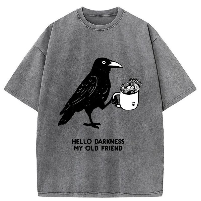Tokyo-Tiger Crow Drinking Black Coffee Funny Washed T-Shirt