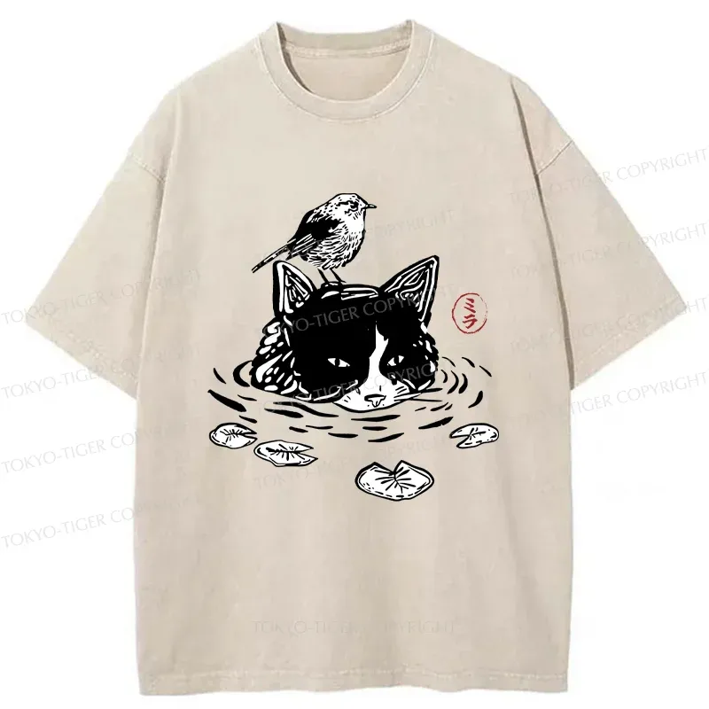 Tokyo-Tiger Cat Taking A Bath Washed T-Shirt