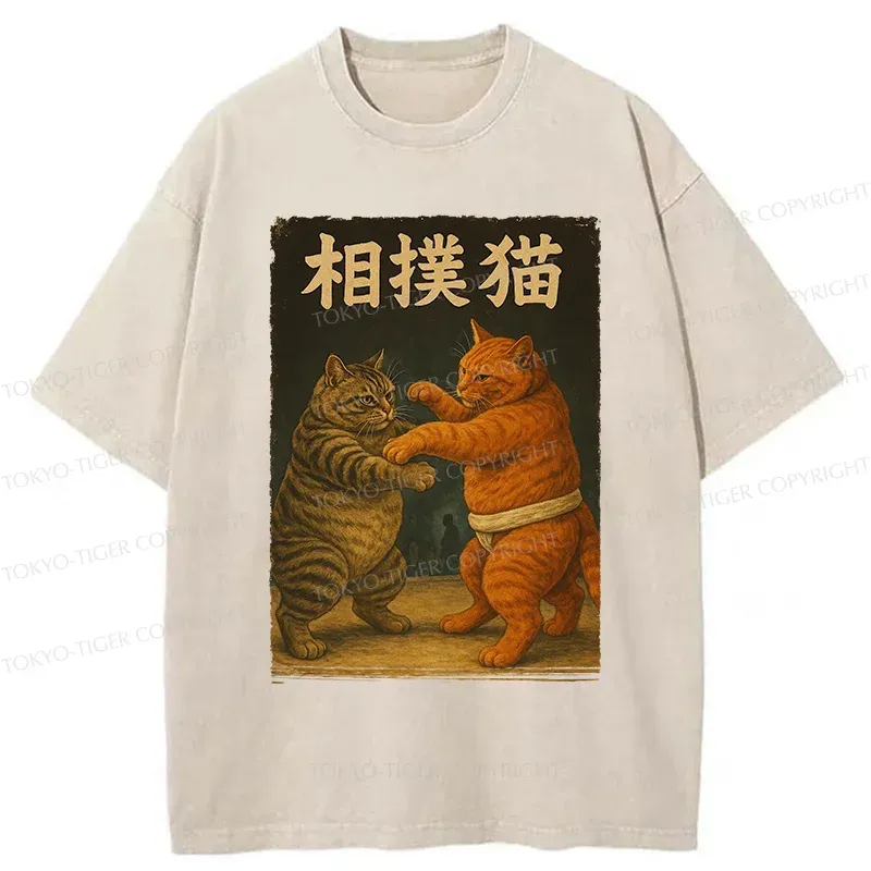 Tokyo-Tiger Sumo Cat Funny Washed T-Shirt