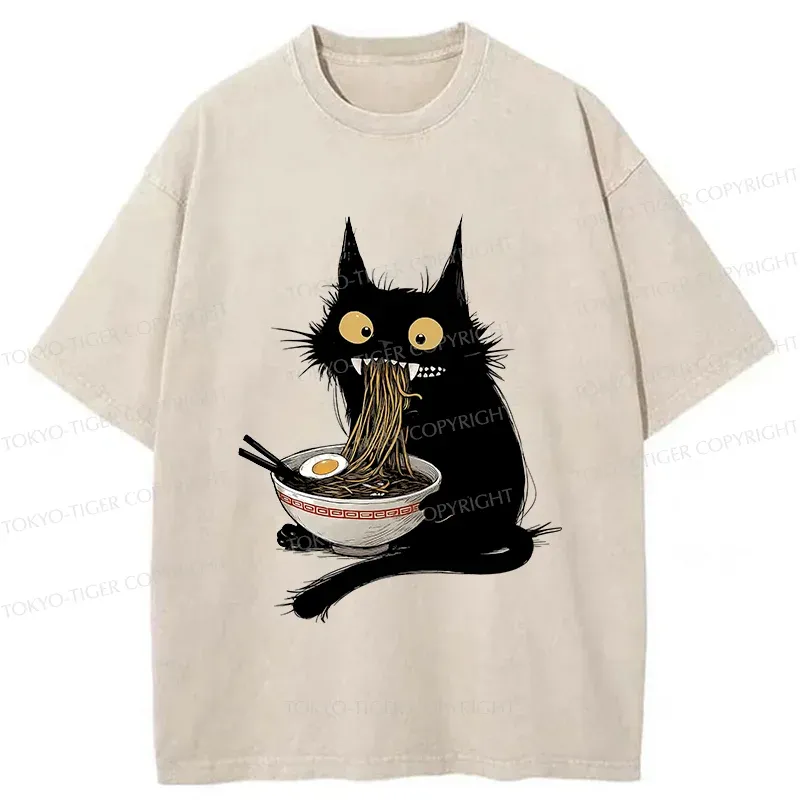 Tokyo-Tiger Naughty Kitten Is Eating Ramen Washed T-Shirt